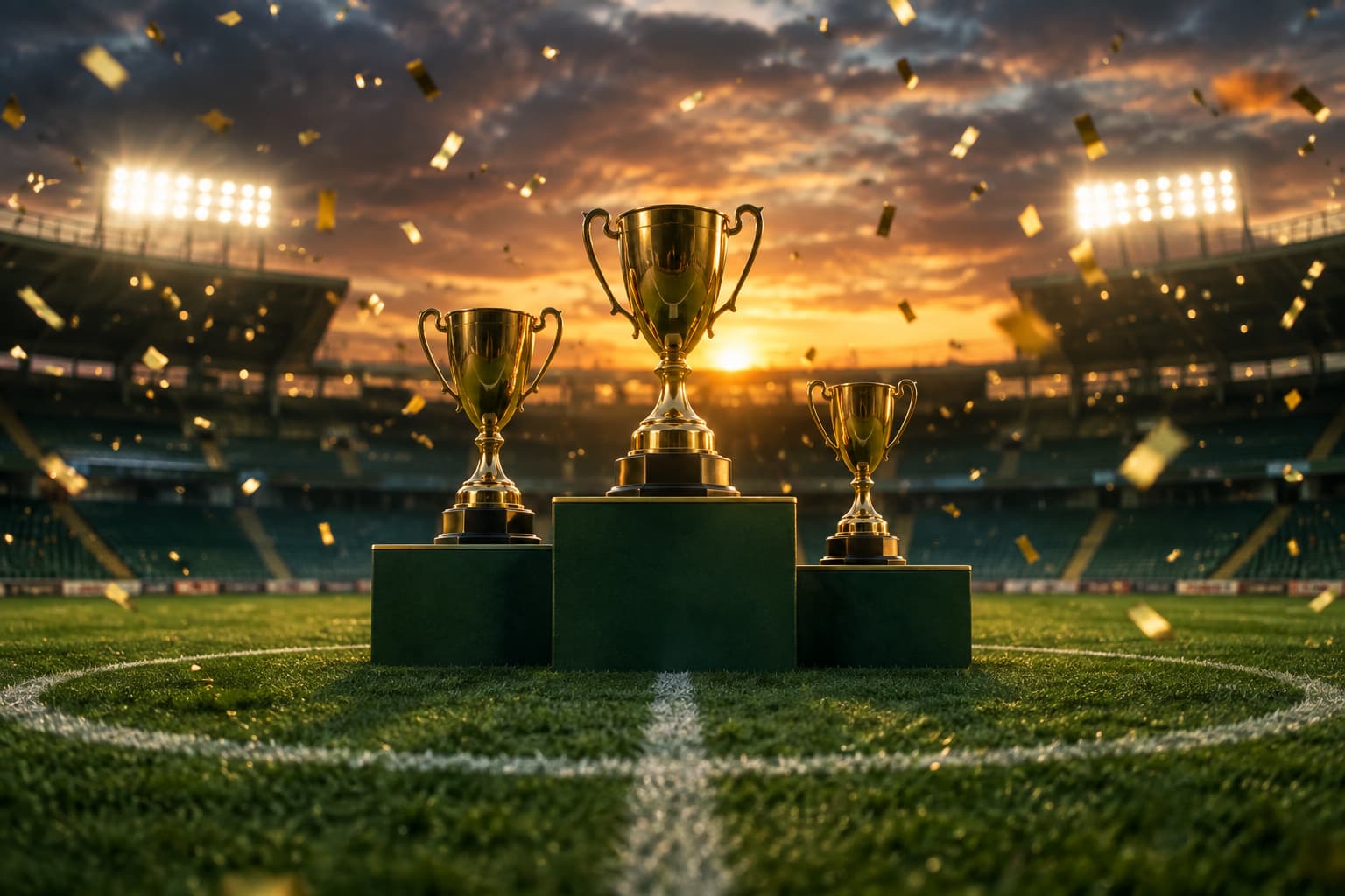 Podium de trophées sur un terrain de football