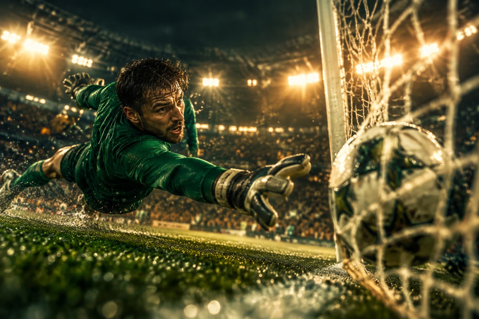 Un gardien plonge alors que le ballon franchit la ligne