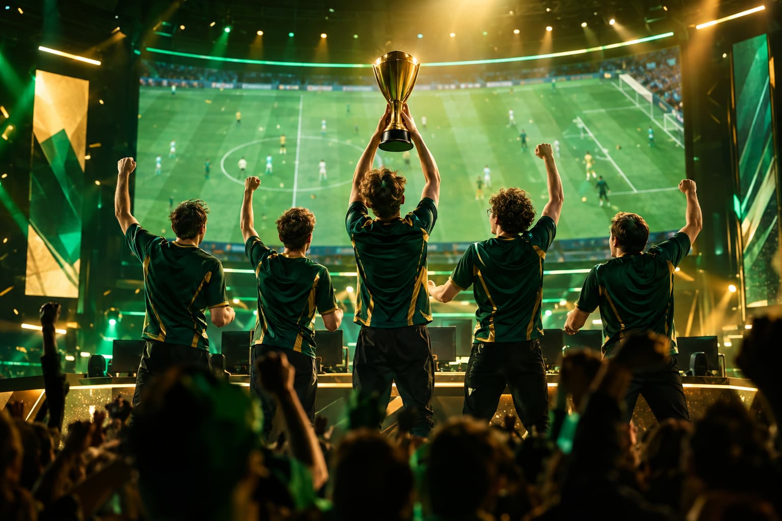 Une équipe d’eSport célèbre sa victoire sur scène
