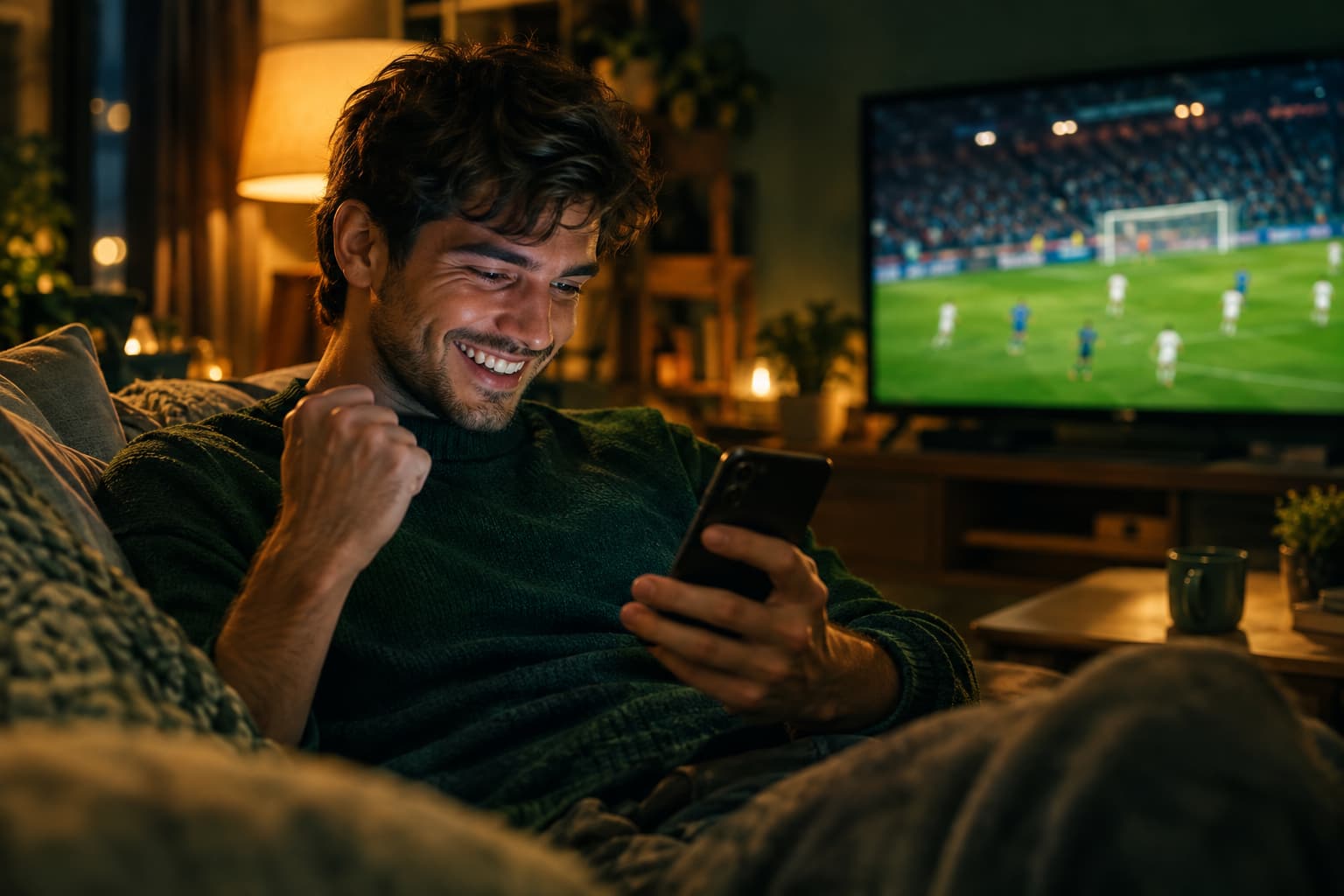 Un parieur sourit en regardant son téléphone