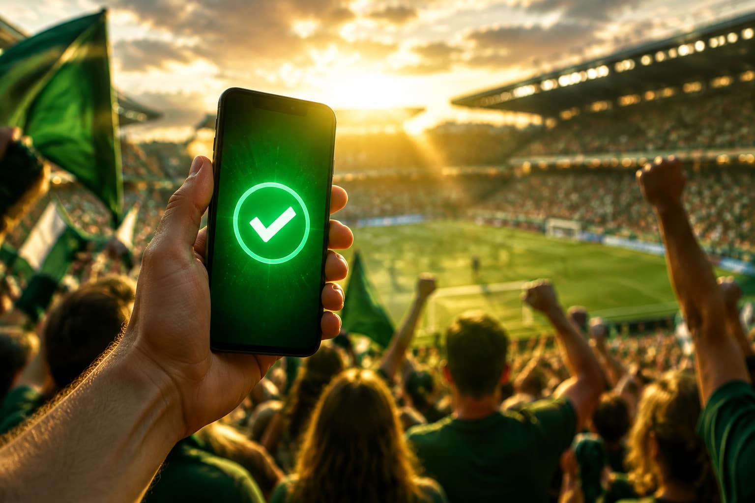 Un smartphone affiche une coche verte dans un stade