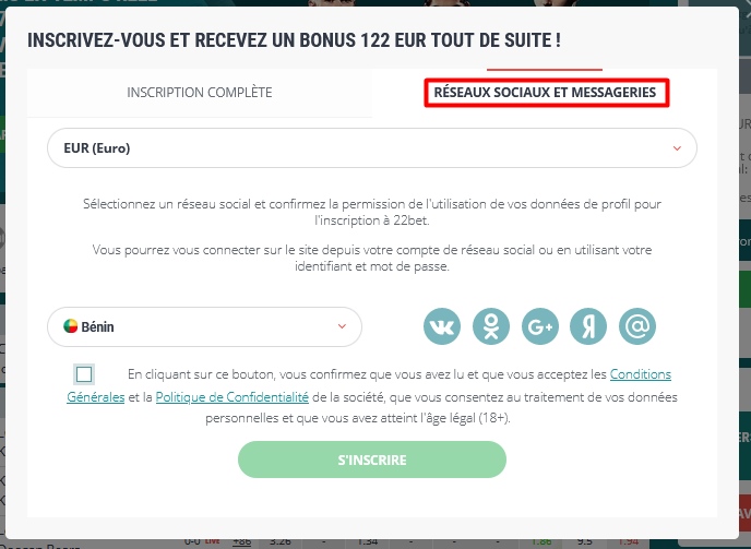 Inscription rapide par les réseaux sociaux