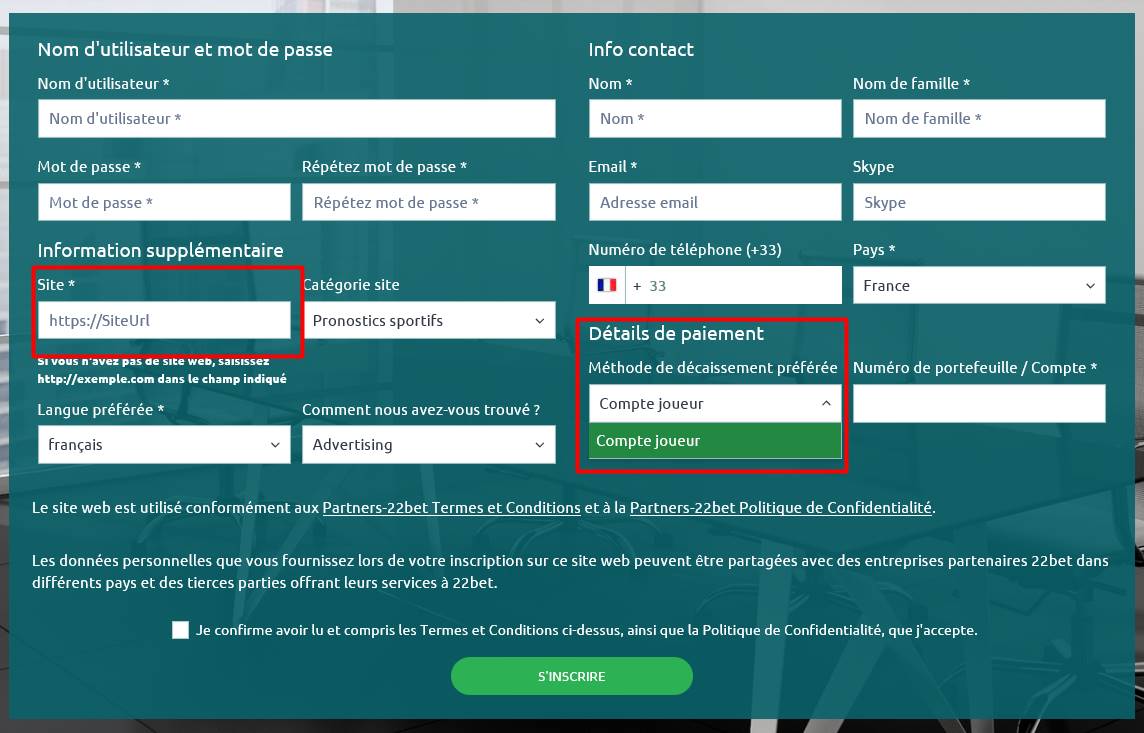 Le formulaire d’inscription au programme partenaires