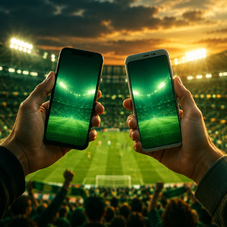 Deux smartphones tenus côte à côte devant un stade