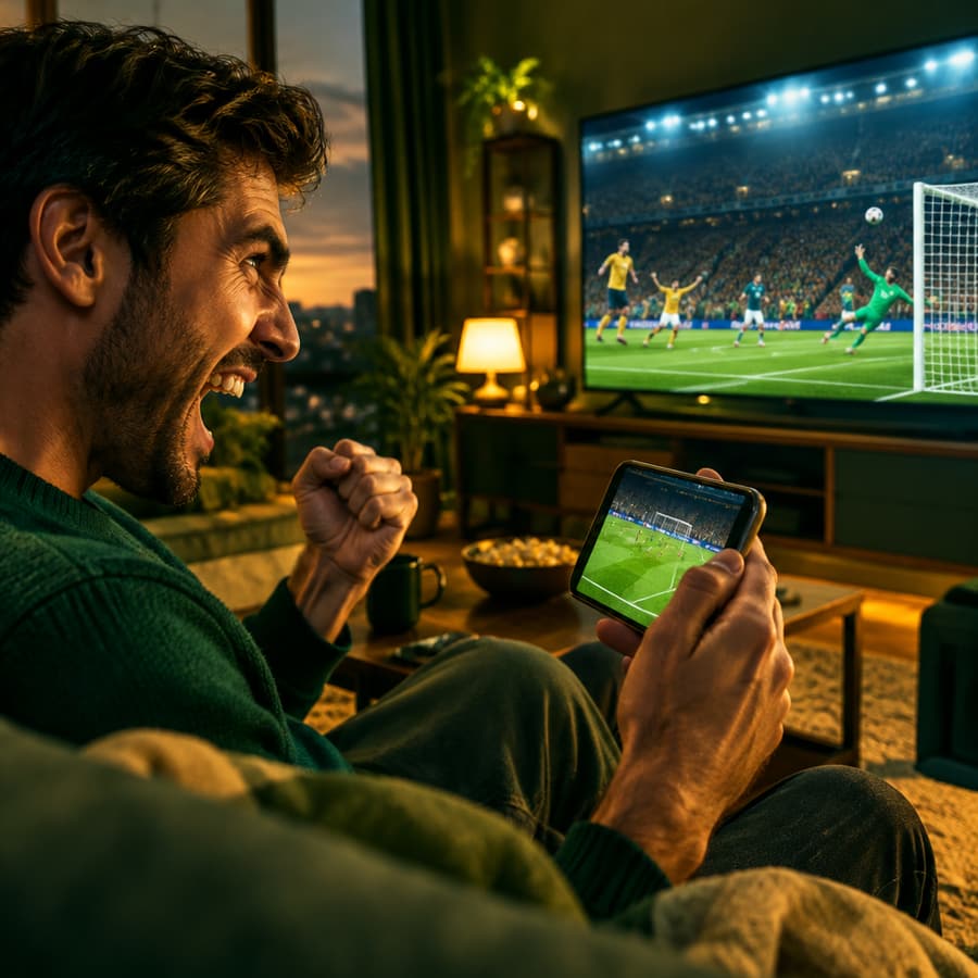 Un parieur suit un match en direct sur son téléphone
