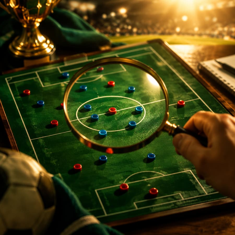 Une loupe posée sur un schéma tactique de football
