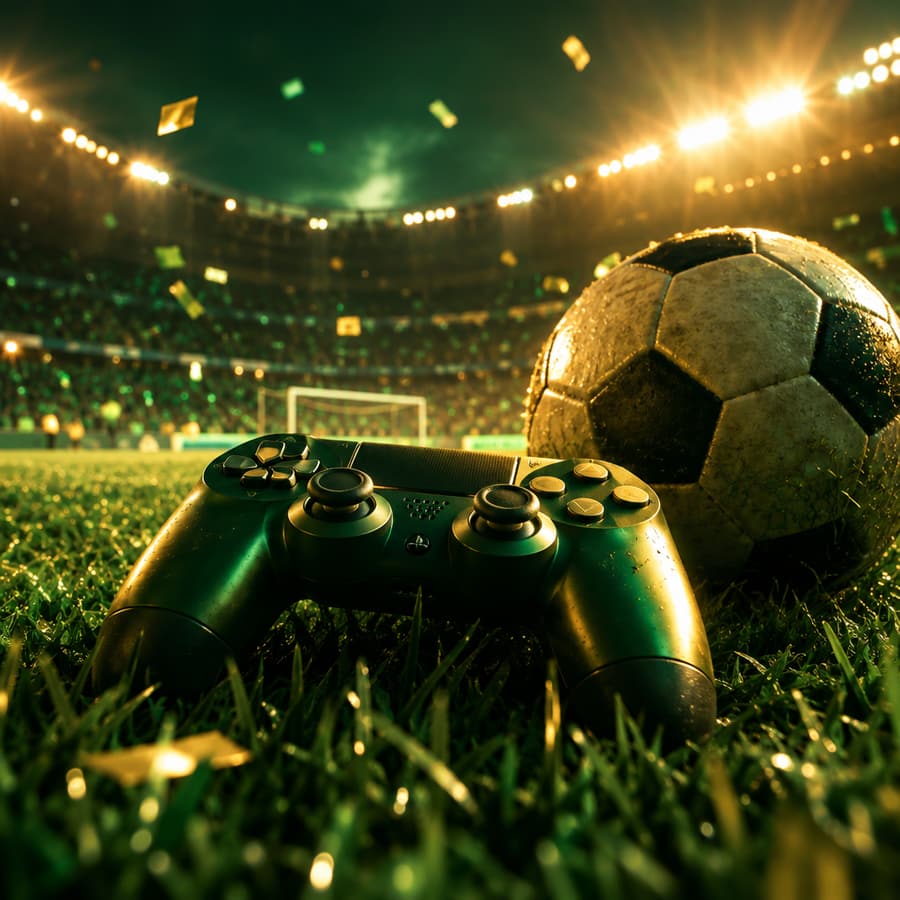 Une manette de jeu posée sur la pelouse à côté d’un ballon